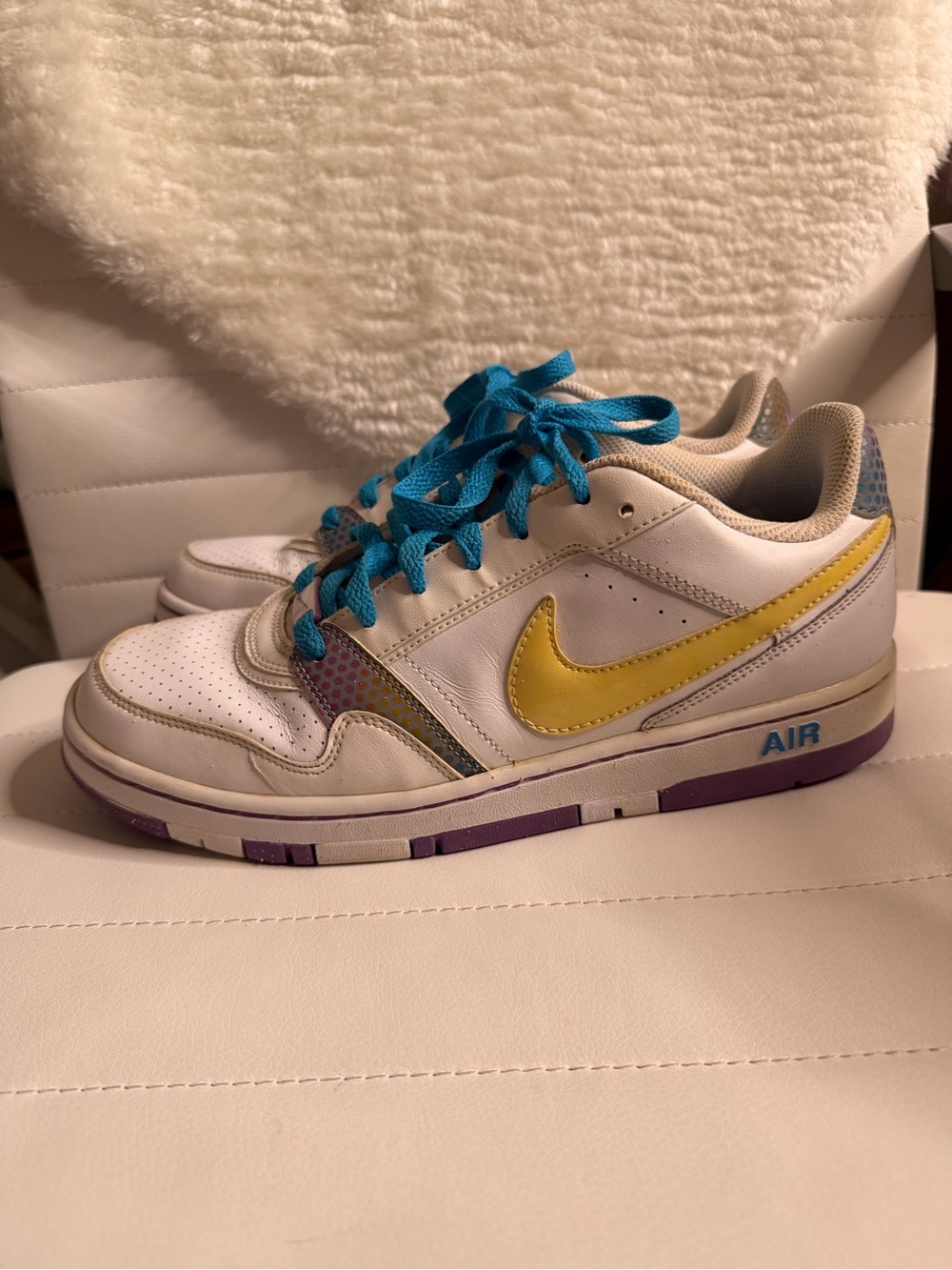 Nike White Sneakers with Yellow Swoosh and Blue Laces